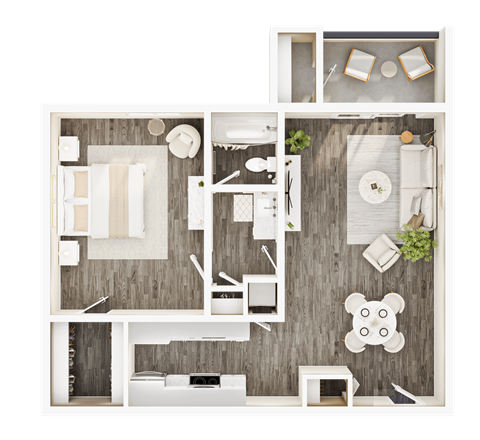 Floor plan for 1 bed, 1 bath, 738 sqft